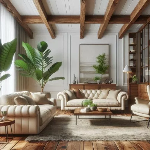 A modern vintage living room with glossy wood furniture, wooden beams on a white ceiling, wooden flooring, a rustic rug, a cream leather sofa and wing chairs, white glossy walls, and a green natural plant in the corner.