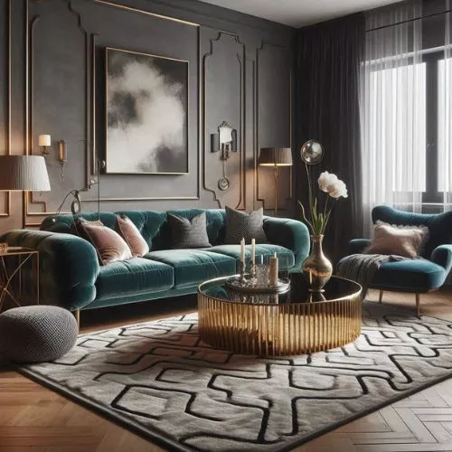 A living room with metallic decor, wall moldings in metallic paint, a lustrous blue velvet sofa, antique vibes, and modern furniture.