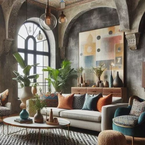 A living room with vintage architectural details including arched walls and windows, vintage wall finishes, a vintage console table behind the sofa, a rustic rug, and a modern sofa and coffee table.