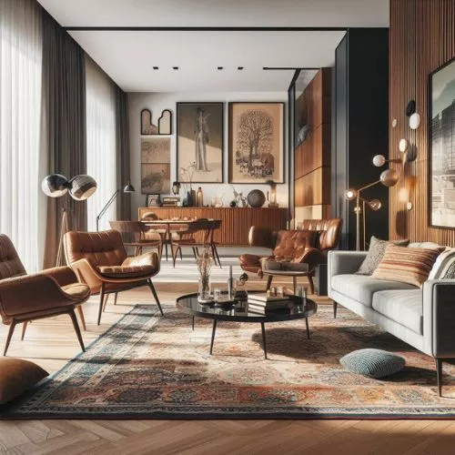 An open-layout living space with mid-century furniture, vintage rugs, a modern center table, sleek lighting fixtures, a modern accent chair, contemporary curtains, and vintage-style wooden wall panelling behind the sofa.