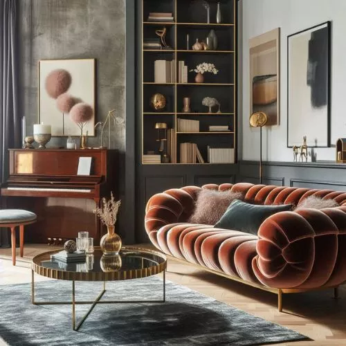 A contemporary living room with a retro-inspired velvet sofa and a vintage workstation, blending past and present.