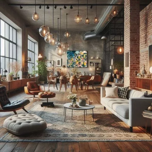 A modern vintage living room with a modern sofa and accent chairs, globe lights, exposed brick walls, industrial cement wall with exposed ducting pipes, and vintage accessories. Image created for inspirational purposes.