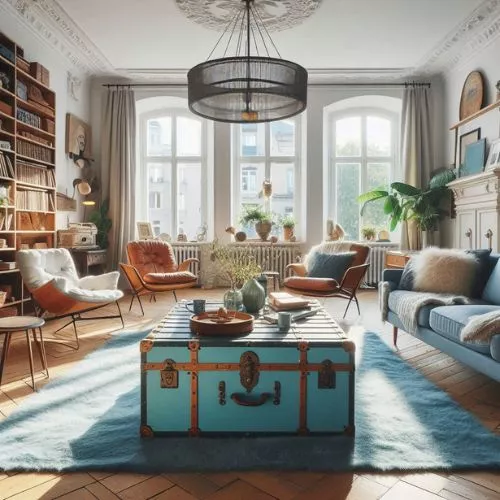 A bright and airy living space with mid-century modern furniture, vintage accessories, and a vintage suitcase as a centre table in coastal blue.