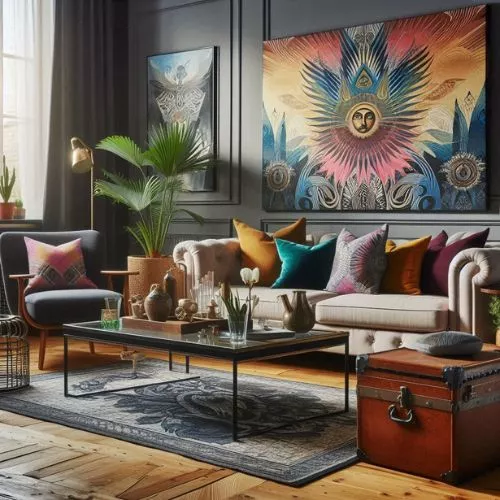 A colorful mid-century modern vintage living room with a vintage suitcase used as seating, bold hues, playful patterns, and a mix of retro and contemporary furniture.