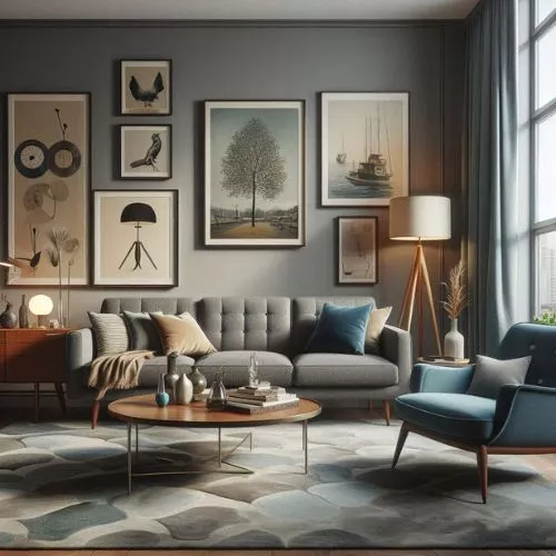 Grey sofa paired with a blue accent chair in a balanced living room design.