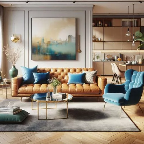 Tan sofa paired with a blue accent chair in a cozy living room.