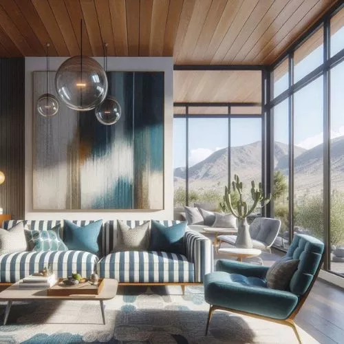 Blue and white striped sofa in a coastal-themed living room.