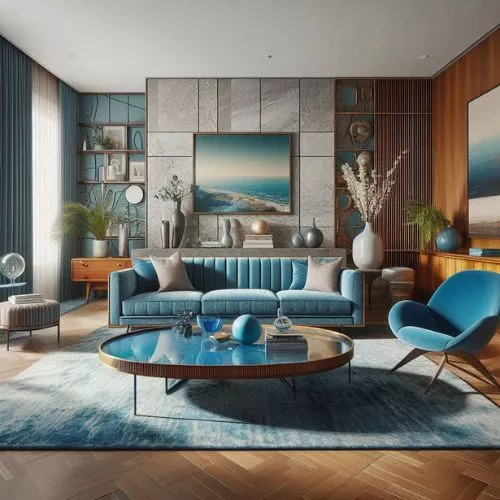 Monochromatic blue living room with a blue sofa and blue accent chair.