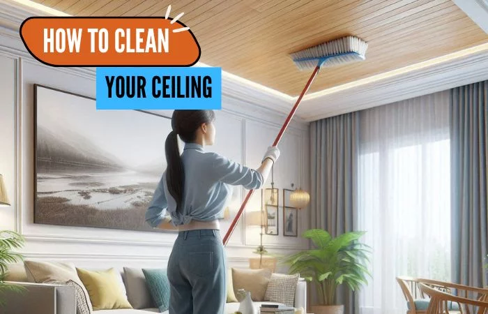 a Person demonstrating how to clean a ceiling with a mop, ensuring a dust-free and spotless surface.