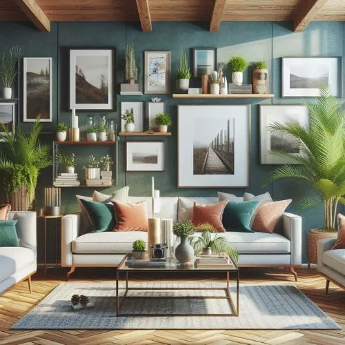 Gallery wall featuring a mix of artwork styles and frames.