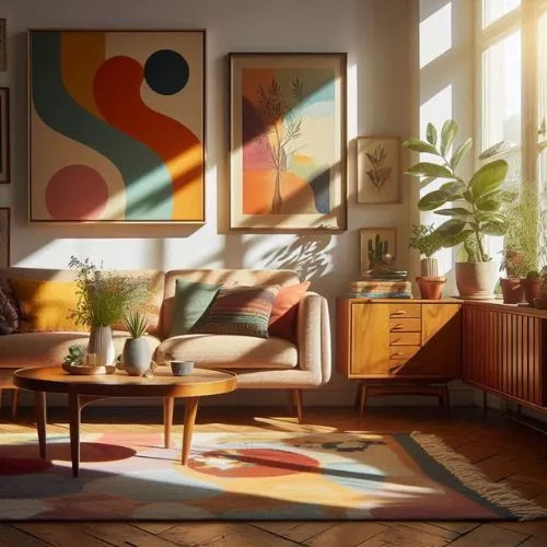 Mid-century modern living room with a gallery wall