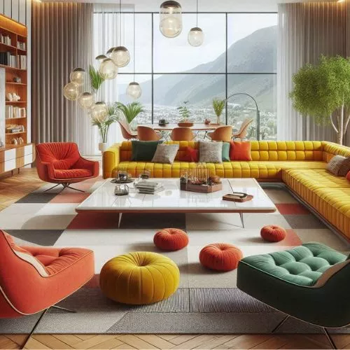 Mid-century modern living room with a bold yellow sofa and rustic orange accent chair