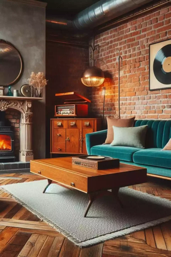 A room with a modern blue sofa, wood furniture of old style