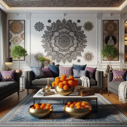 Living room wall adorned with Indian art like Mandala Art and brass decor, adding depth and cultural richness