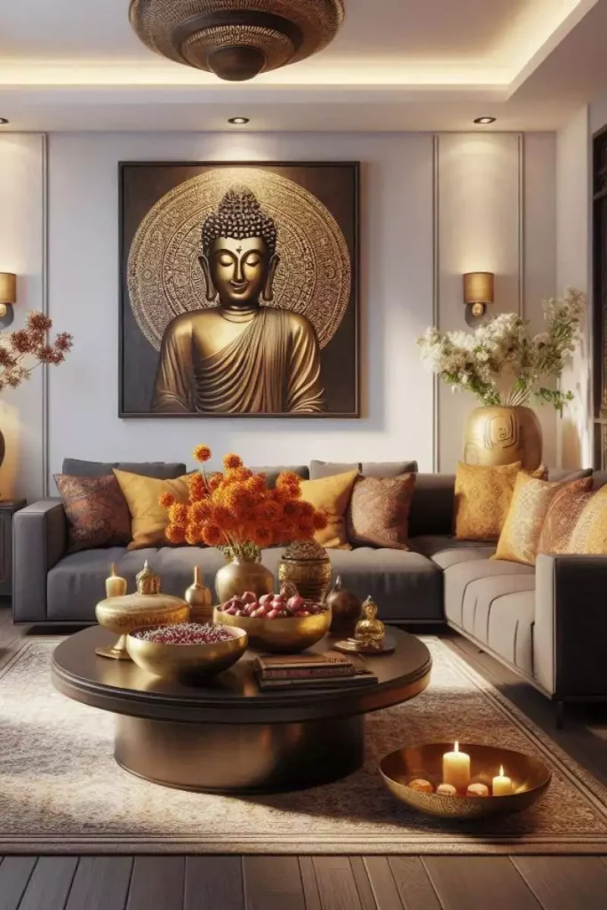 Cozy living room with soft lantern lighting, floor cushions, and incense sticks, creating a warm and inviting Indian interior design style inspired ambiance