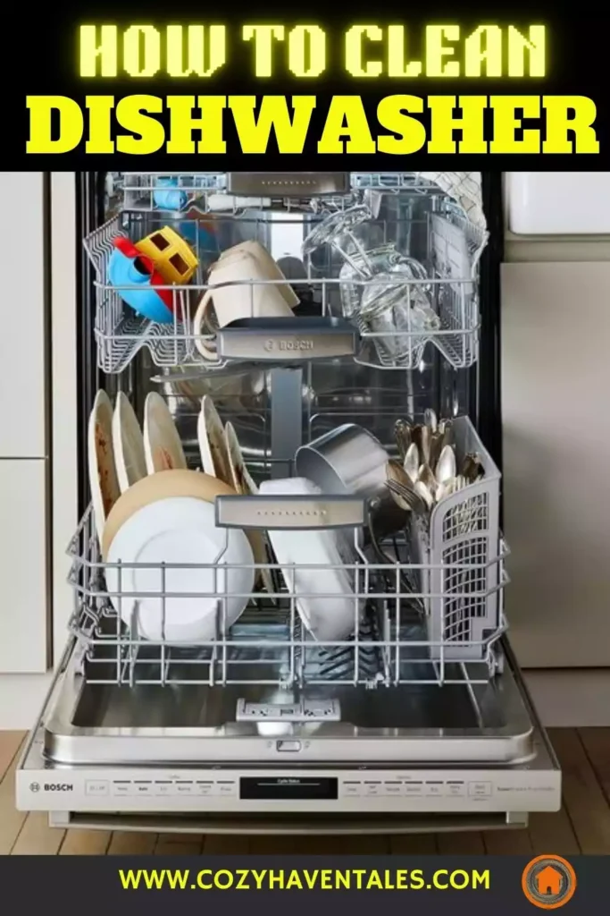 Open dishwasher loaded with plates and utensils, ready for a cleaning cycle.