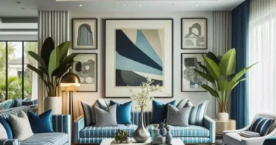 Living room with large-scale artwork as the focal point, positioned above a sofa