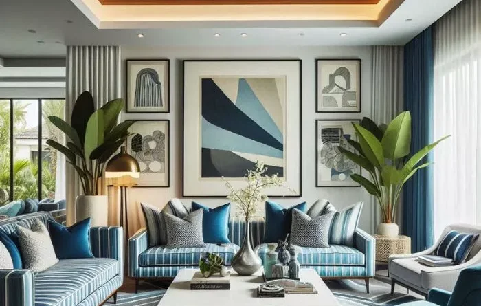 Living room with large-scale artwork as the focal point, positioned above a sofa