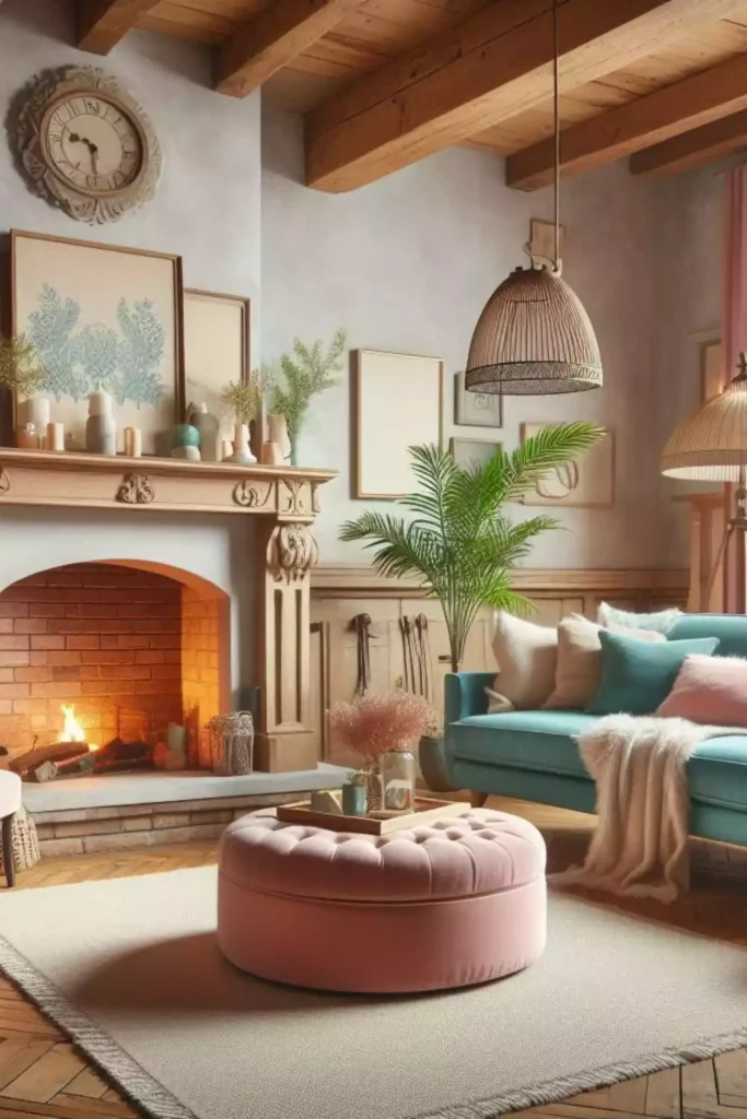 Living room with a beautifully designed fireplace as the focal point, surrounded by cozy seating.