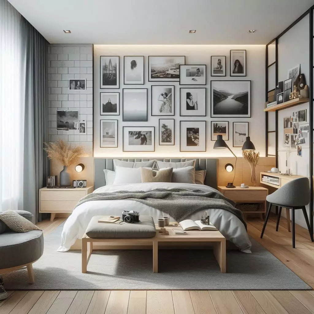 A gallery wall of framed art and photos behind the bed in a cozy bedroom.