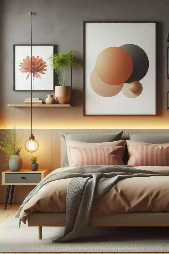 Floating shelves with books and decor behind a bed in a stylish bedroom.