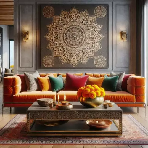 Colourful Indian interior design style living room with vibrant throw pillows, rugs, and curtains featuring paisleys and floral patterns