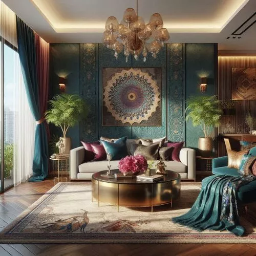 Living room designed in Indian interior design style with cushions, and a decorative tapestry on the wall, showcasing traditional Indian textiles.