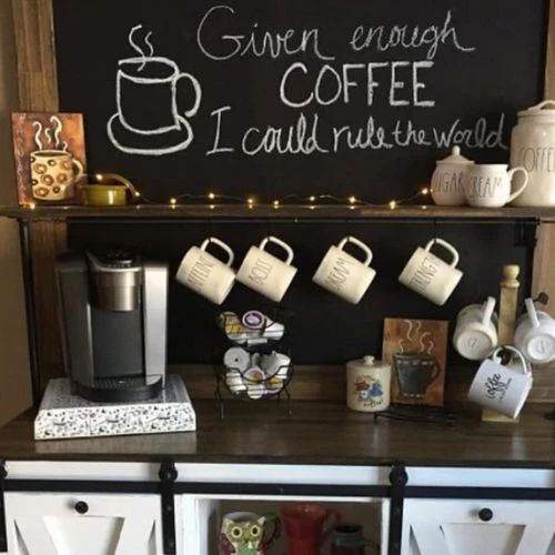 coffee station with black board as a backsplash