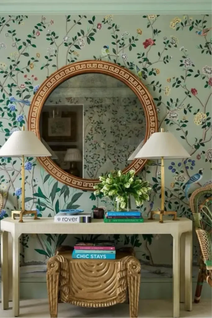 modern setup for entryway console table with a large mirror on the wall