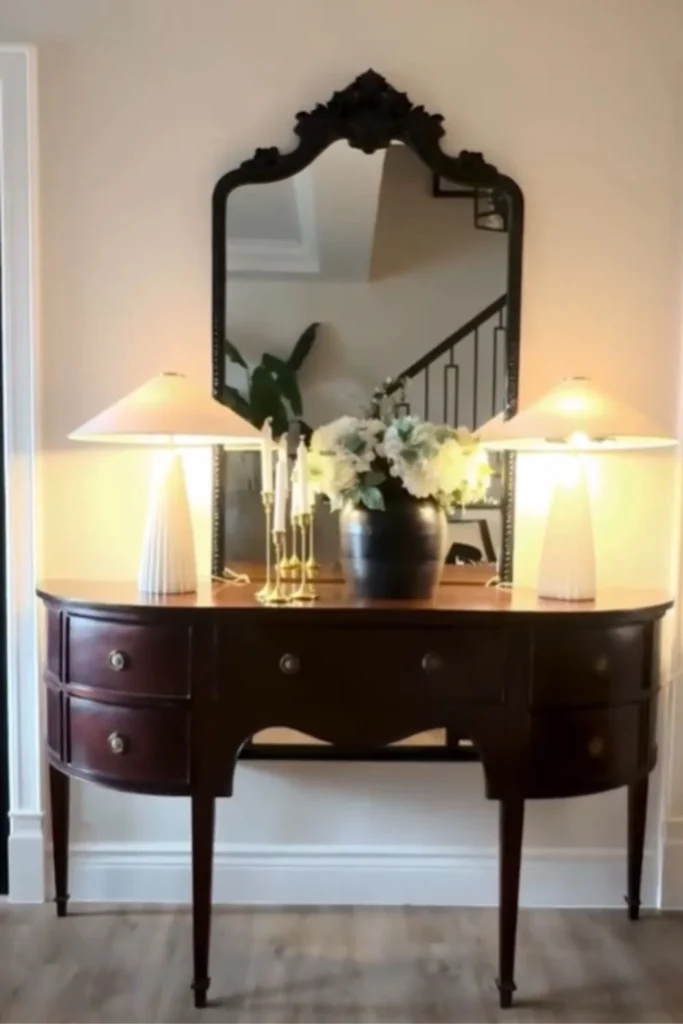 entryway console table made up of gorgeous wood and decorated with ceramic table lamps
