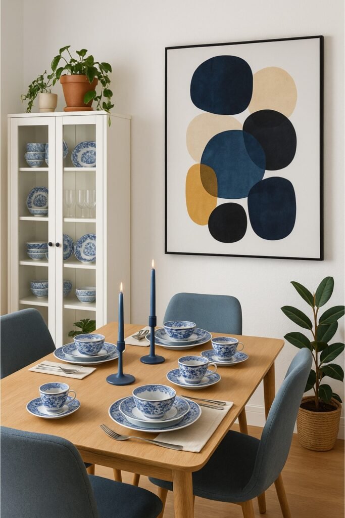 beautiful and minimalistic dining room showcasing Blue and white dinnerware displayed on the table