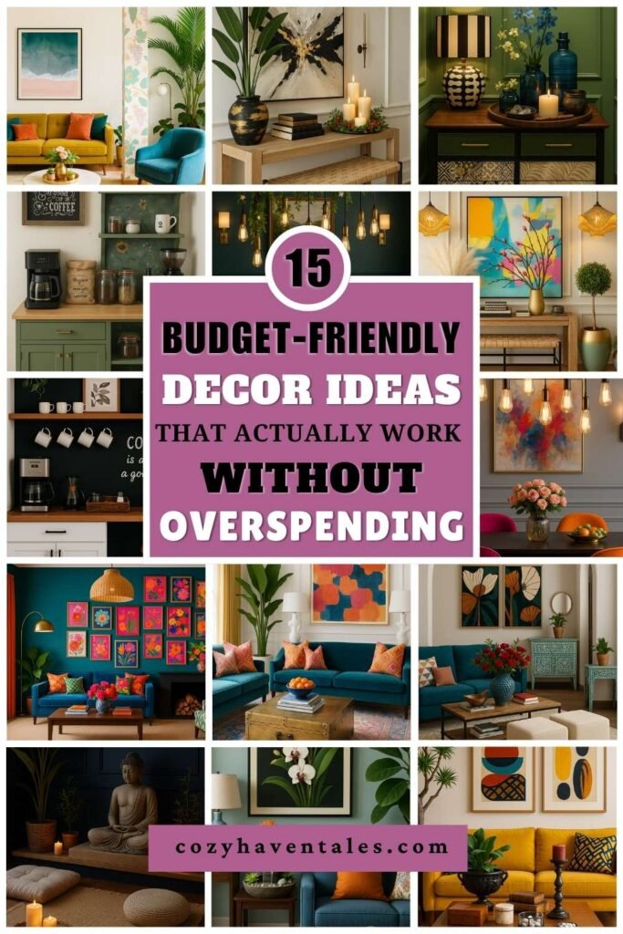 Pinterest pin showing 15 budget-friendly decor ideas to make your home look cozier, featuring lighting, color, and affordable styling ideas.