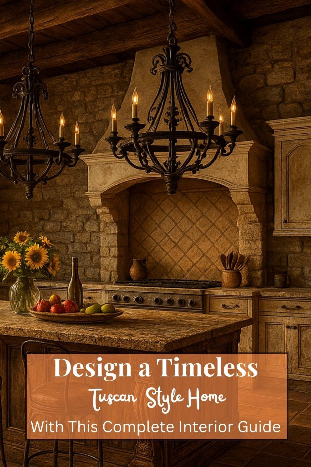 Elegant Tuscan kitchen interior featuring stone walls, carved wood island, wrought iron chandeliers, and warm earthy tones.
