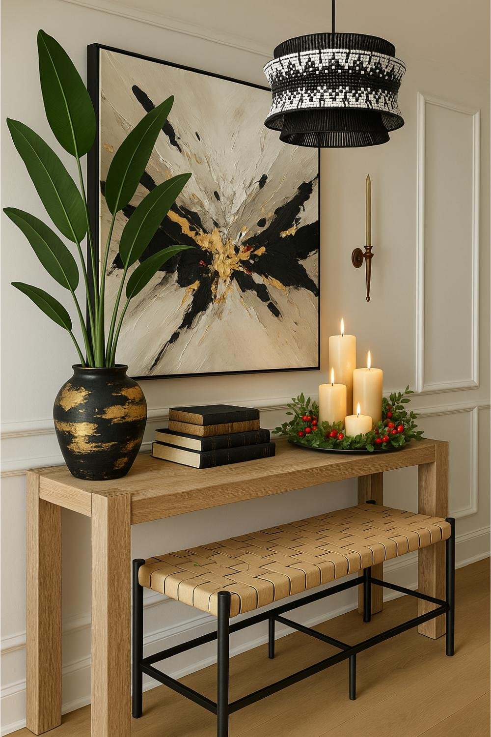Budget-friendly decor ideas using gold-painted accents, layered candles, modern art, and a wooden console in a stylish entryway.