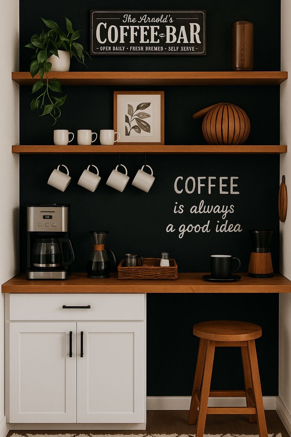 Budget-friendly home coffee bar with black wall, floating wood shelves, white mugs, and a chalk-style coffee sign.