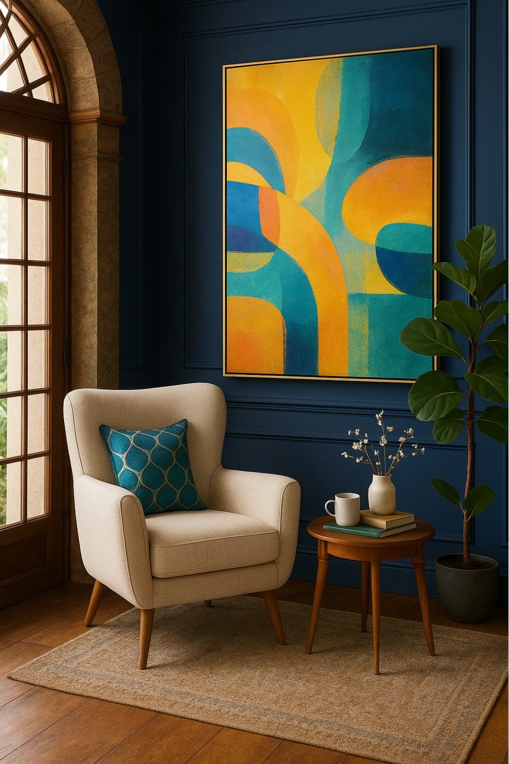 Reading nook with a modern cream armchair, round wood side table, vibrant yellow and blue wall art, and navy accent wall.