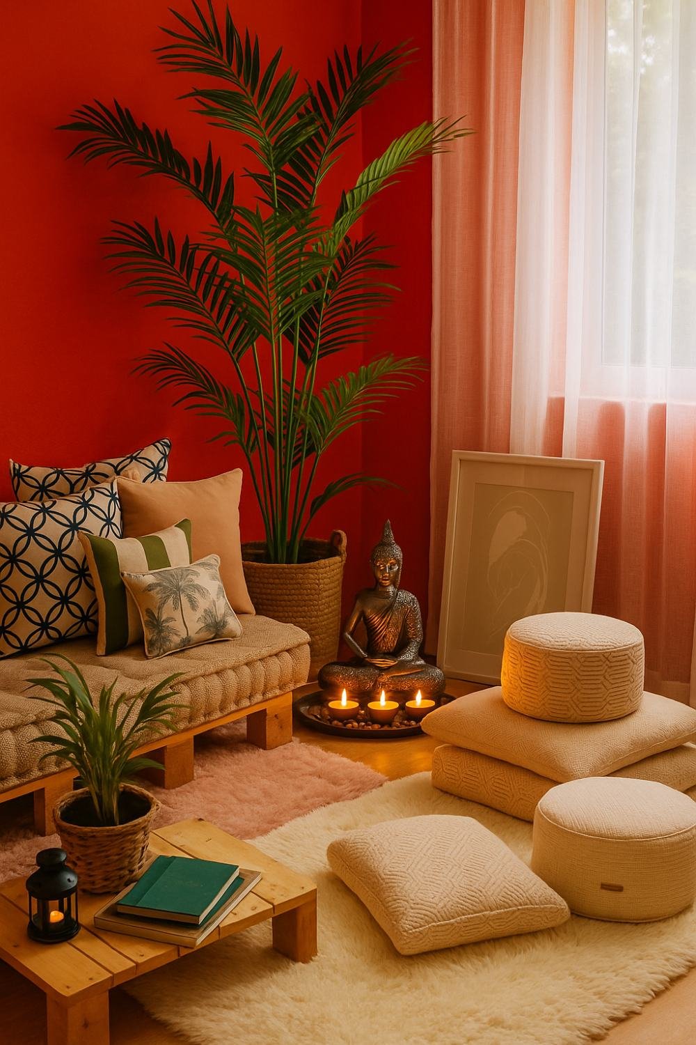 Budget-friendly meditation corner with floor cushions, sheer curtains, a Buddha statue, candles, and a red accent wall.
