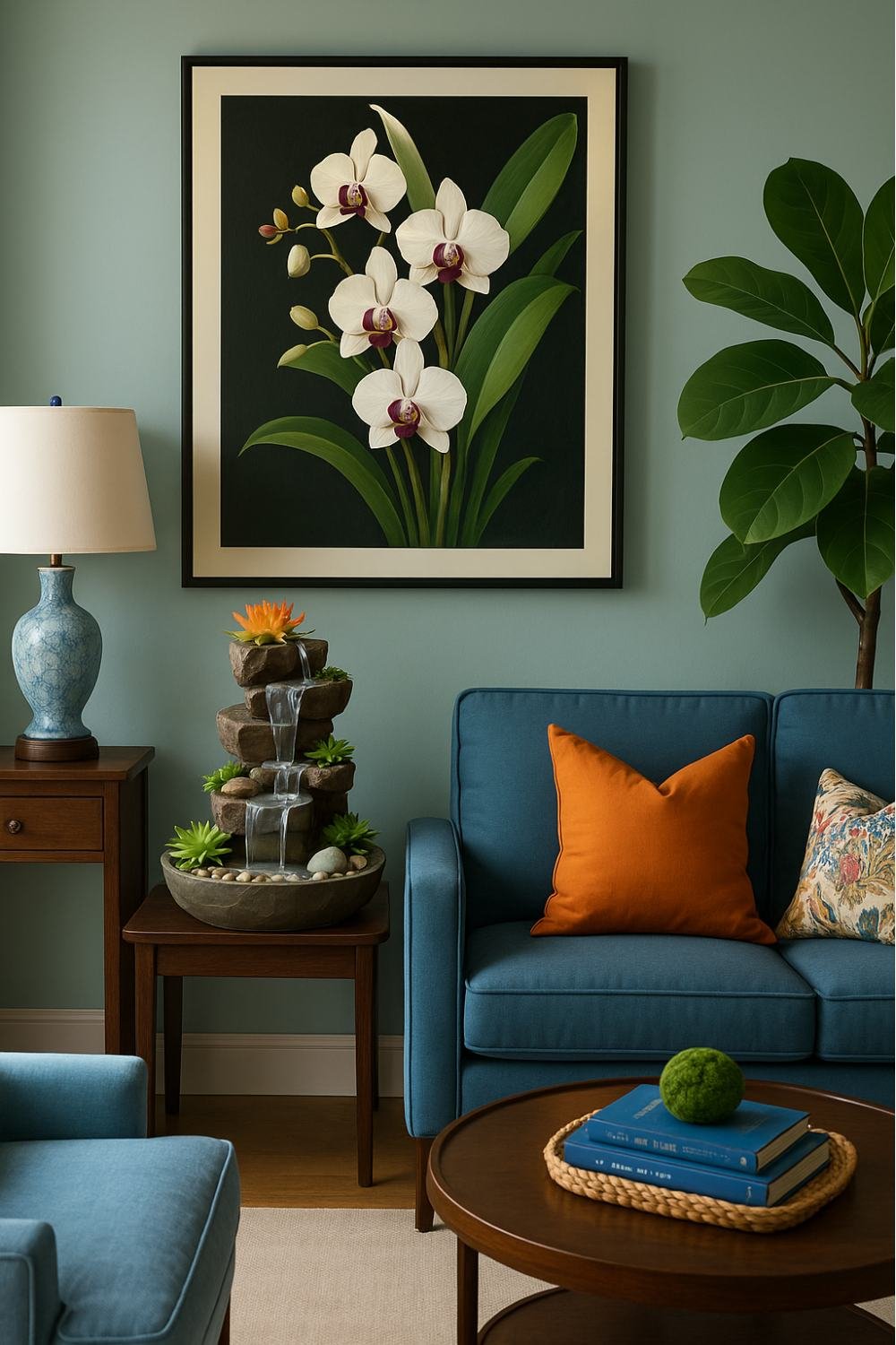 Budget-friendly decor idea featuring a tabletop indoor water fountain beside a blue sofa and botanical wall art in a cozy corner.