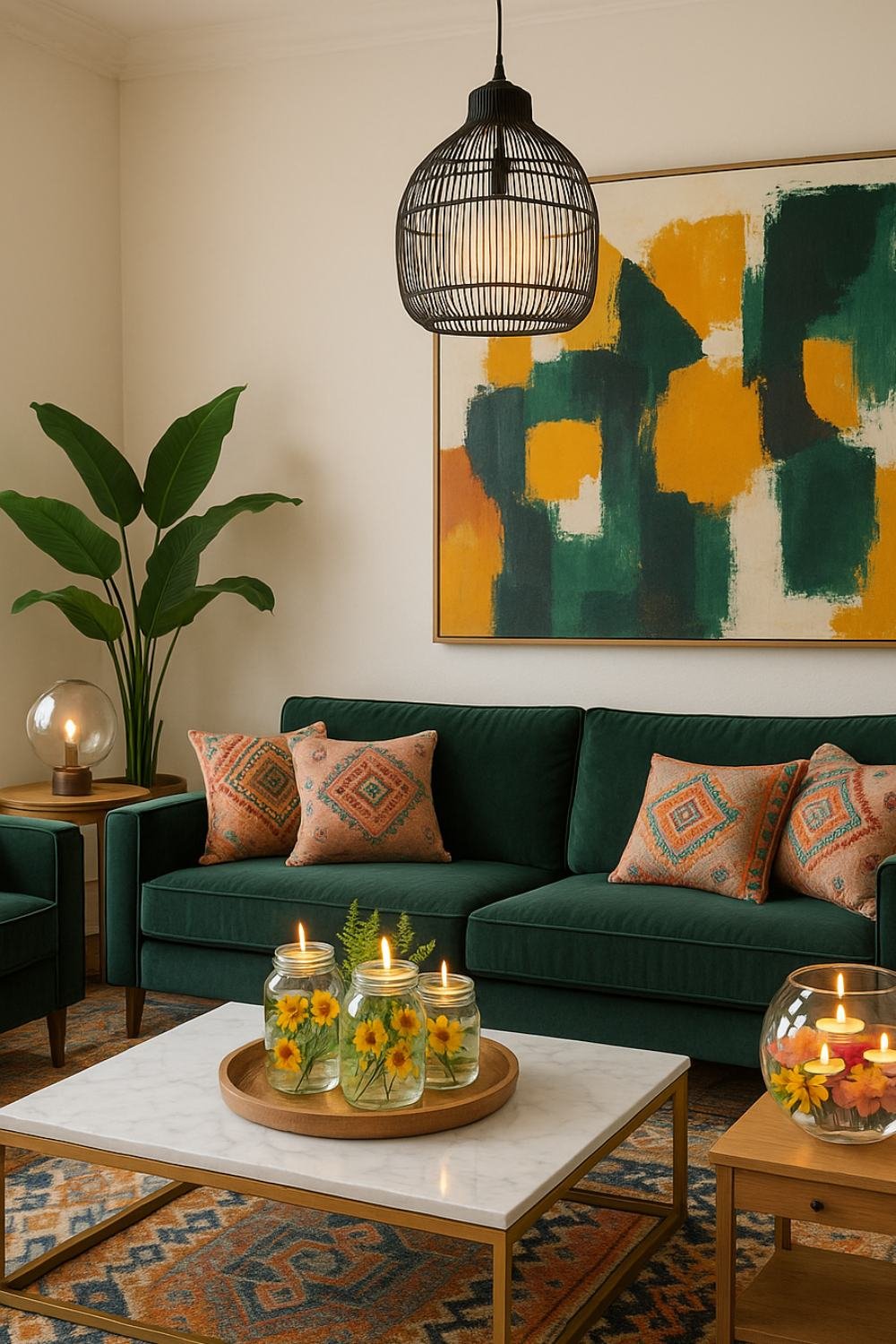 Budget-friendly decor idea with floating candles and fresh flowers in glass bowls, styled on a modern coffee table in a cozy living room.