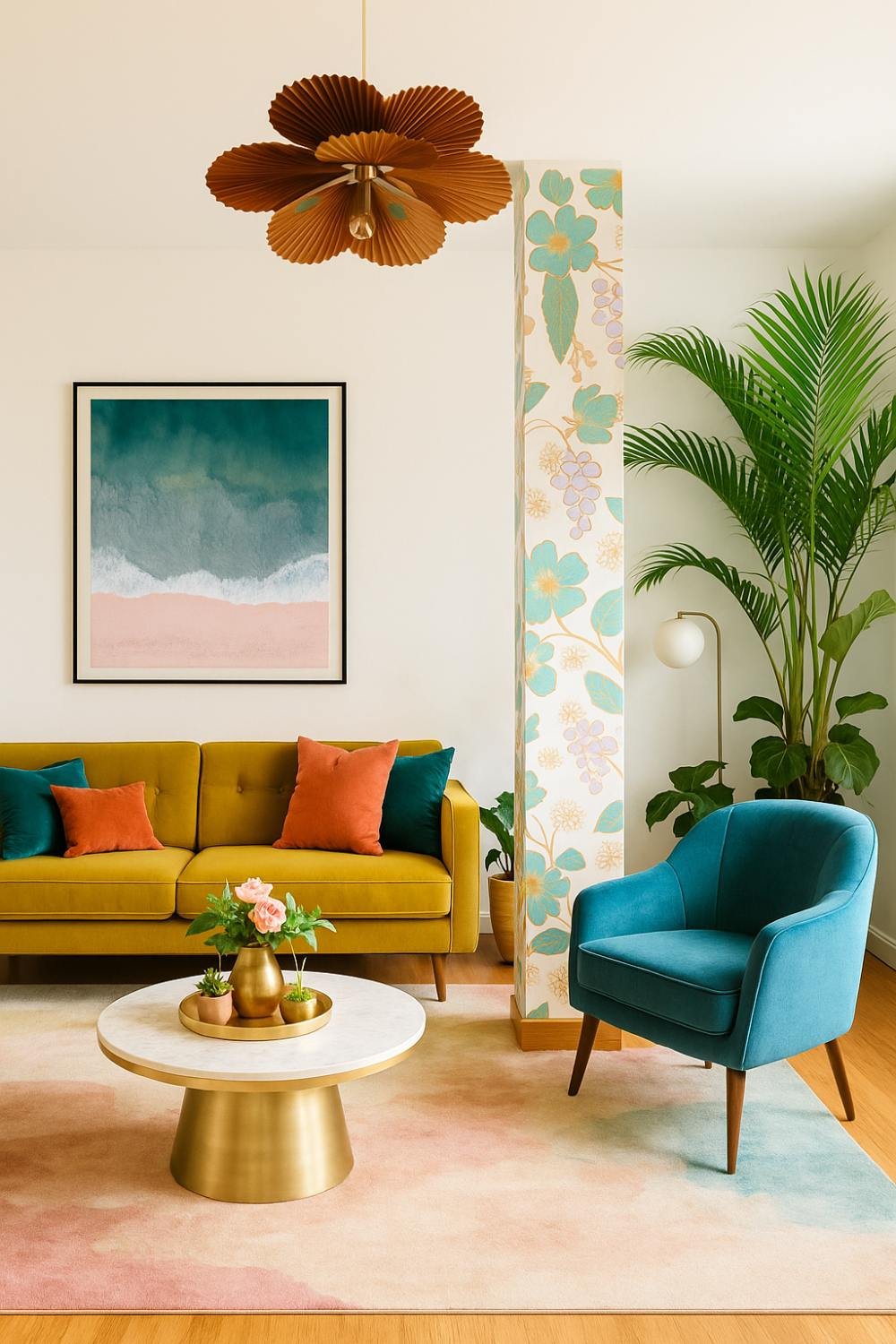 Budget-friendly decor idea featuring a floral wrapping paper treatment on a structural column, paired with colorful furniture and bold accents.