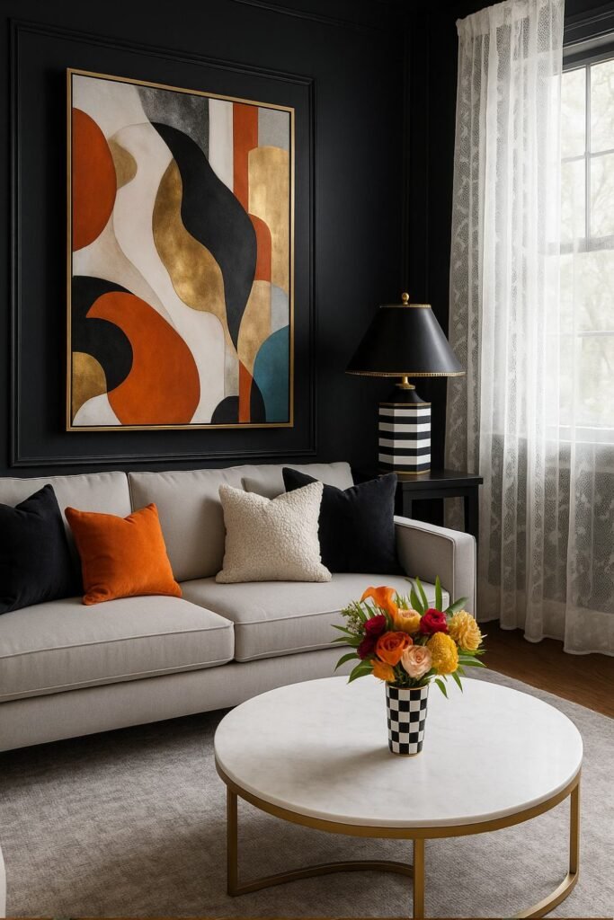 Budget-friendly decor idea featuring a faux marble coffee table with gold trim, neutral seating, modern art, and colorful floral arrangement.
