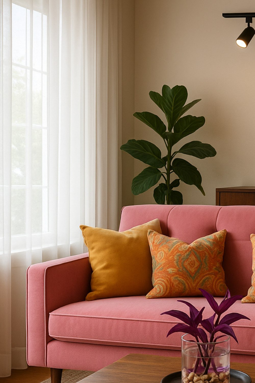 Budget-friendly decor idea using full-length sheer curtains with a pink sofa, natural light, and indoor plants for a soft, airy effect.
