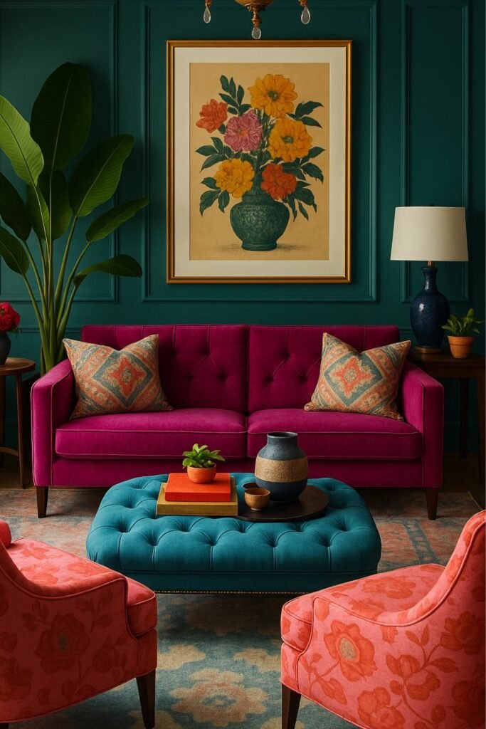 Budget-friendly decor idea combining warm candlelight and ambient lighting, styled with bold wall color and a rust-toned sofa.