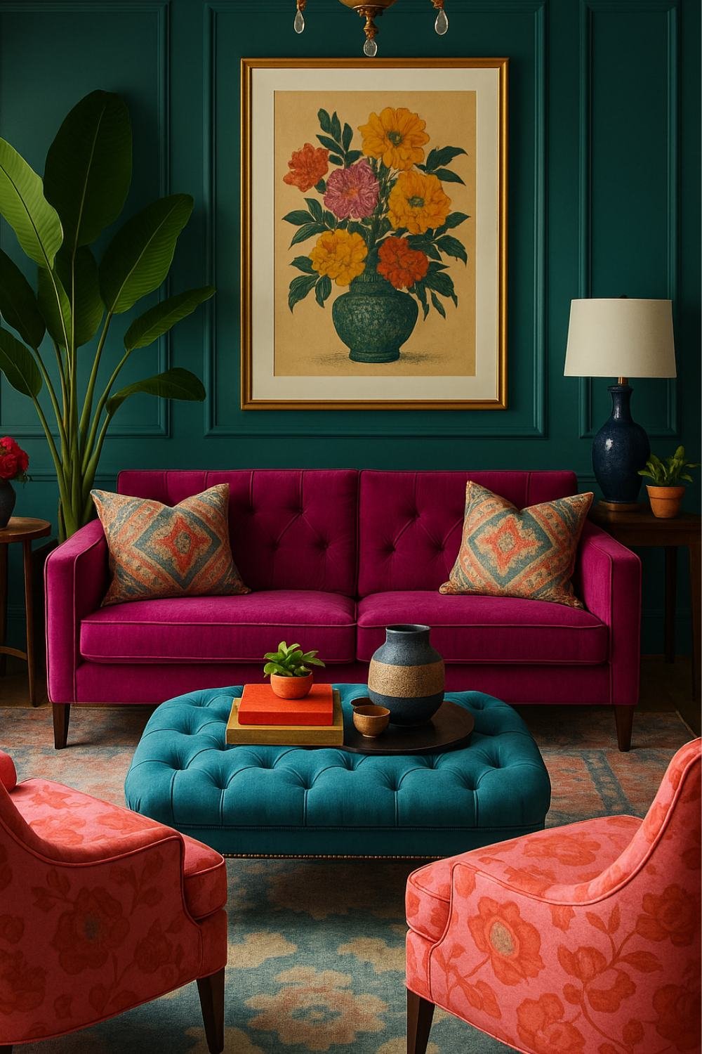 Budget-friendly decor idea combining warm candlelight and ambient lighting, styled with bold wall color and a rust-toned sofa.