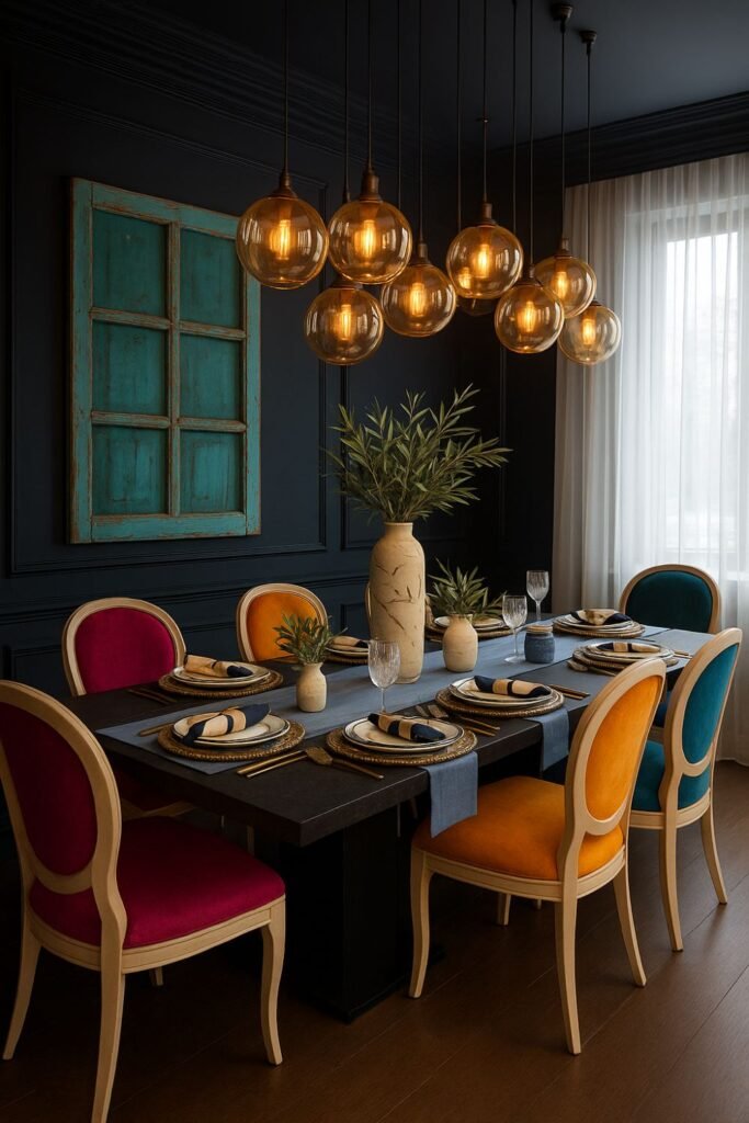 Dark moody dining room featuring colorful chairs, faux antique window wall art, and dramatic lighting with globe pendants.