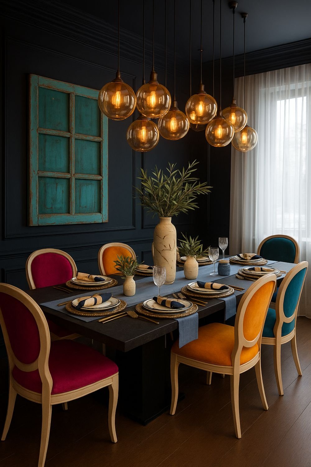 Dark moody dining room featuring colorful chairs, faux antique window wall art, and dramatic lighting with globe pendants.