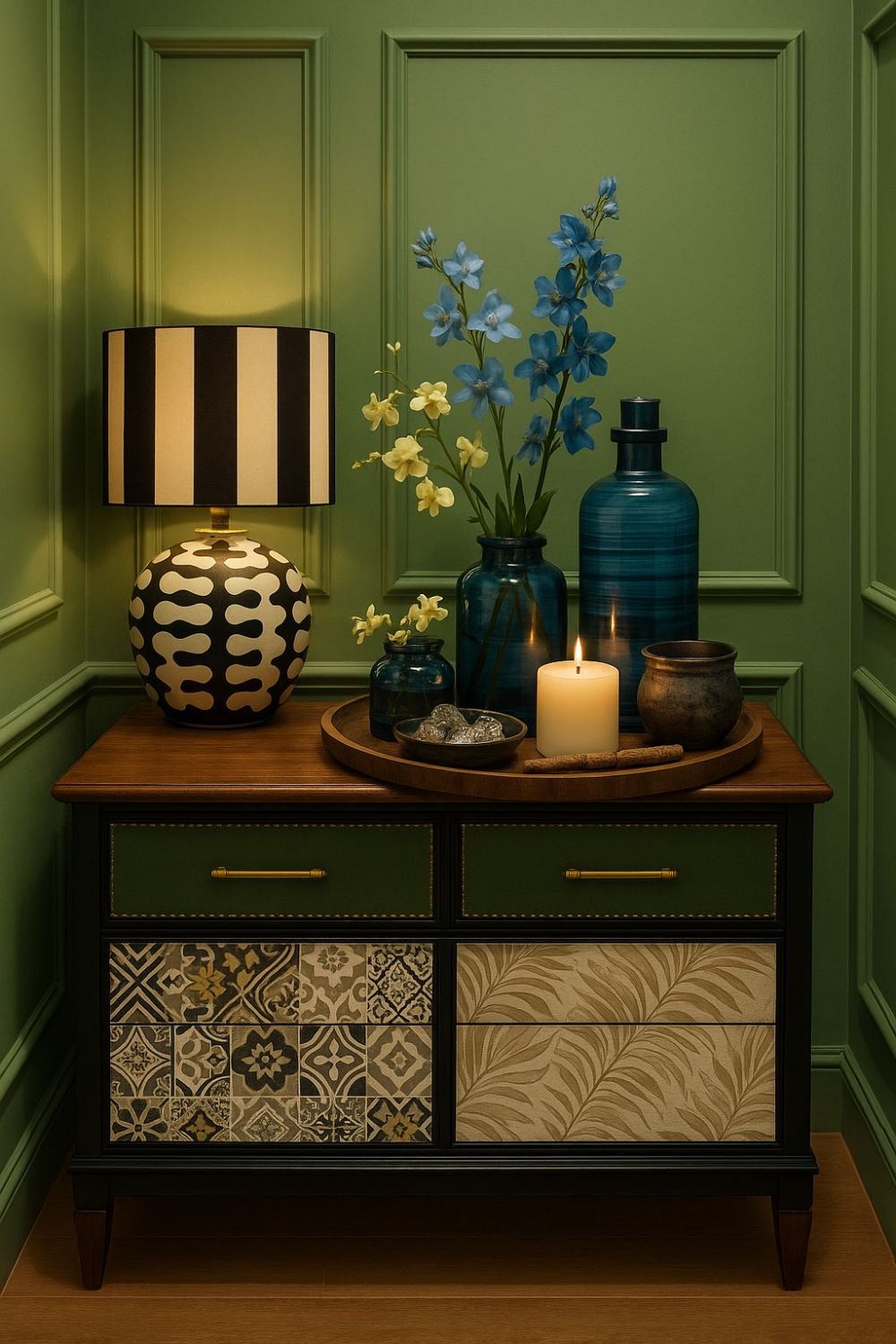 Refurbished cabinet with mix-and-match drawers, styled with blue vases, florals, and a candle in a cozy green nook.