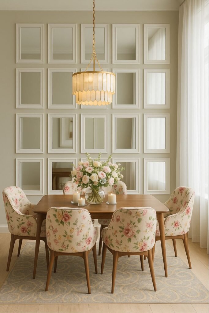 Elegant dining area featuring floral chairs, soft gold lighting, and a grid-style wall with square wall moldings and mirror insets.