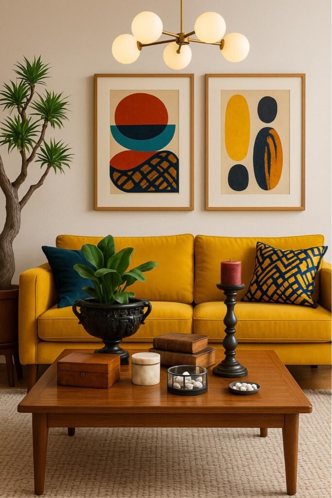 Vibrant color palette for a balanced budget-friendly home featuring a mustard yellow sofa, bold graphic art, and modern accents.
