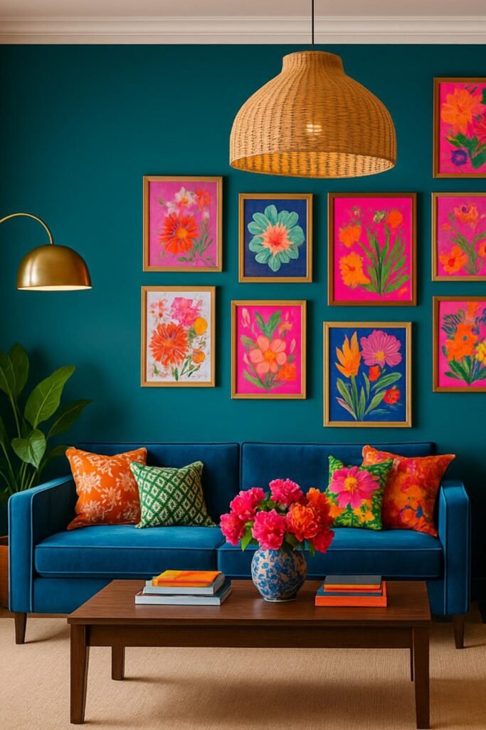 Budget-friendly decor ideas featuring bold floral art prints on a teal accent wall, styled with a blue sofa and colorful pillows.